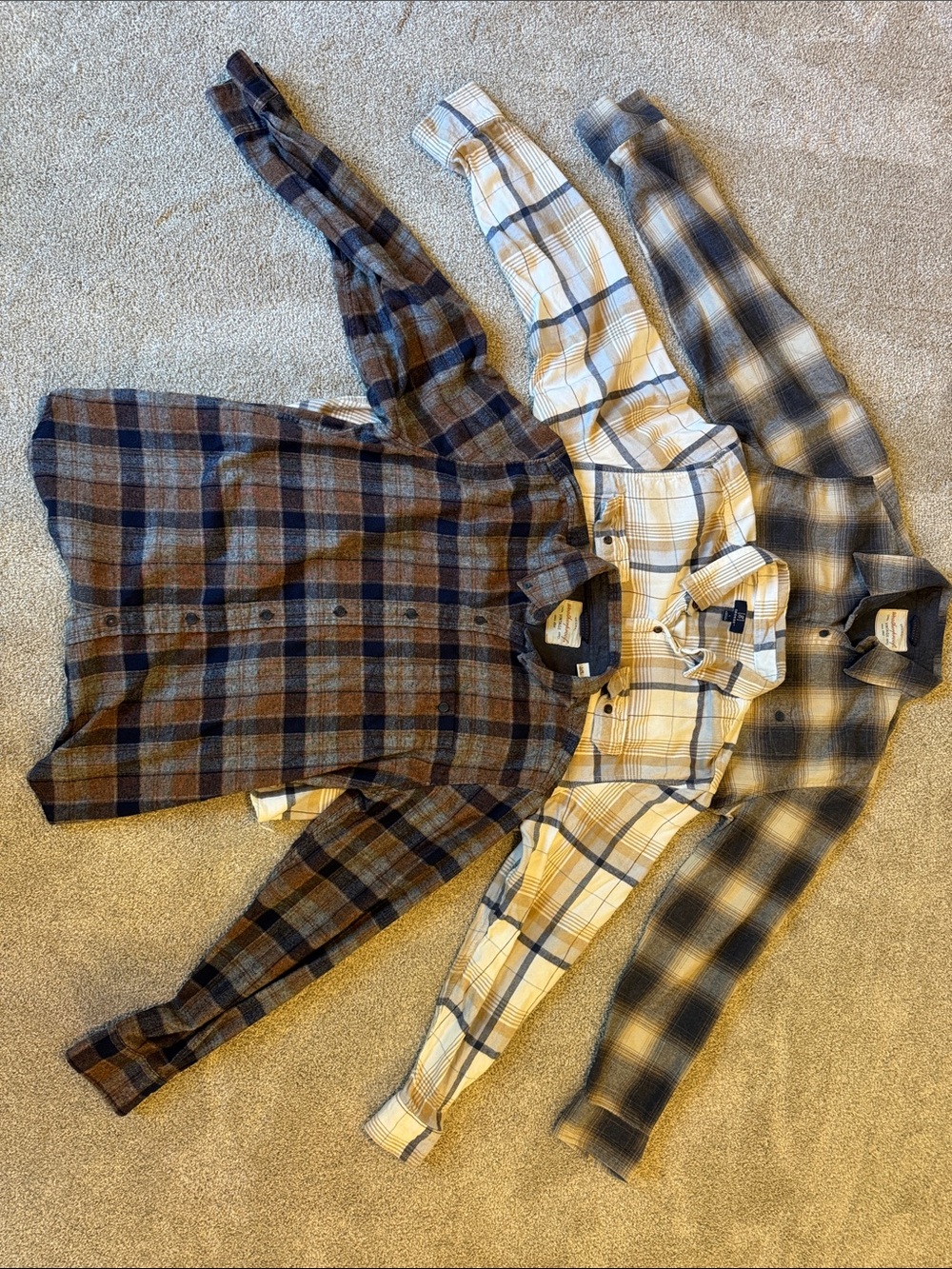 Three Plaid Flannel Button-Down Shirts in Brown, Cream & Blue